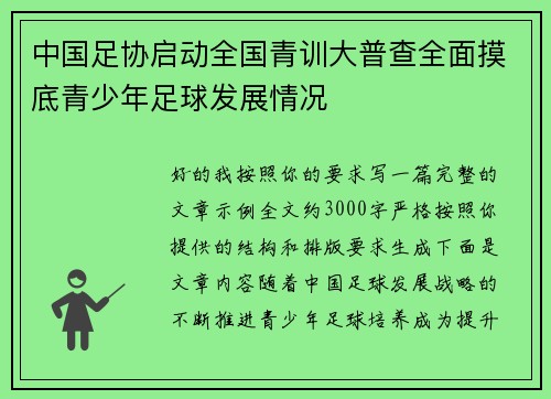 中国足协启动全国青训大普查全面摸底青少年足球发展情况